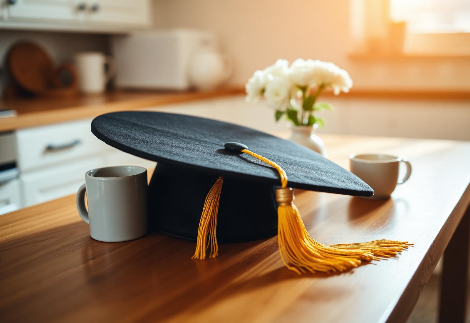A graduation cap with a gold tassel resting on a sunlit kitchen table at home