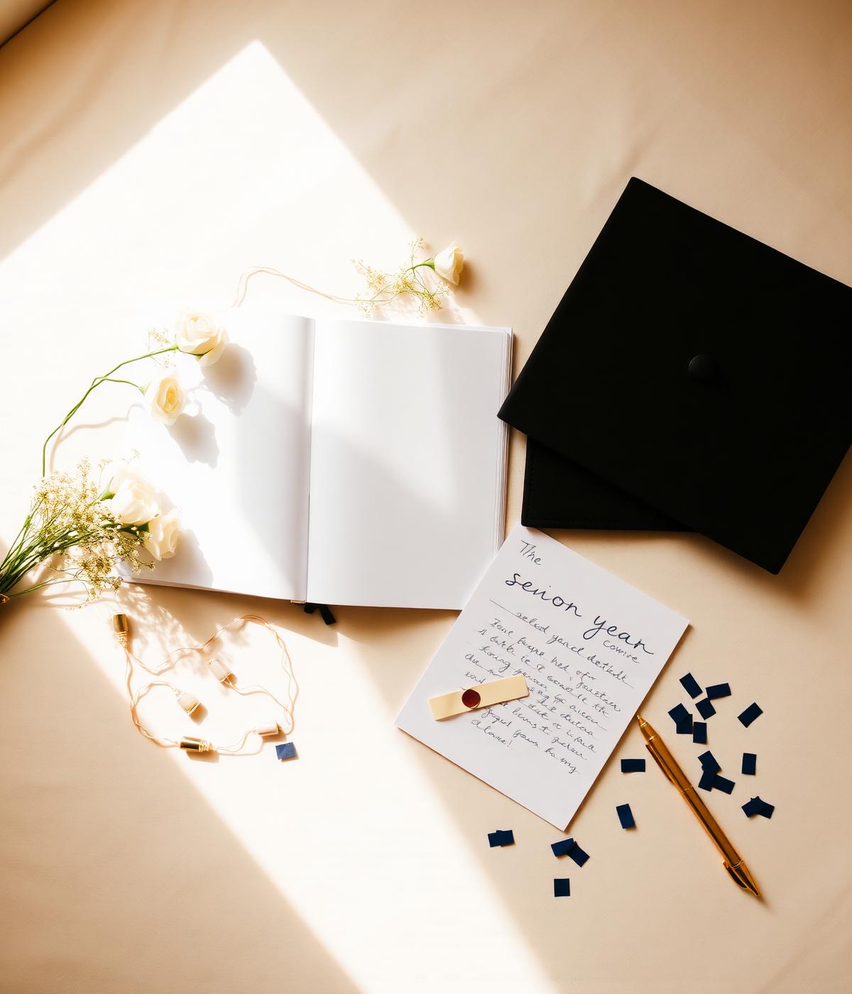 A flat lay of senior year keepsakes including a graduation cap, open journal, white roses, and a handwritten letter in warm sunlight